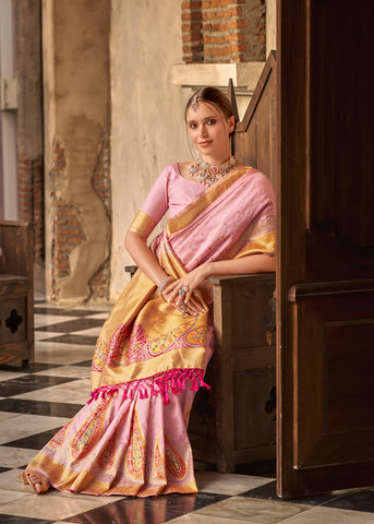 Pink Soft Silk Ethinic Motif Woven Design Zari Banarasi Saree