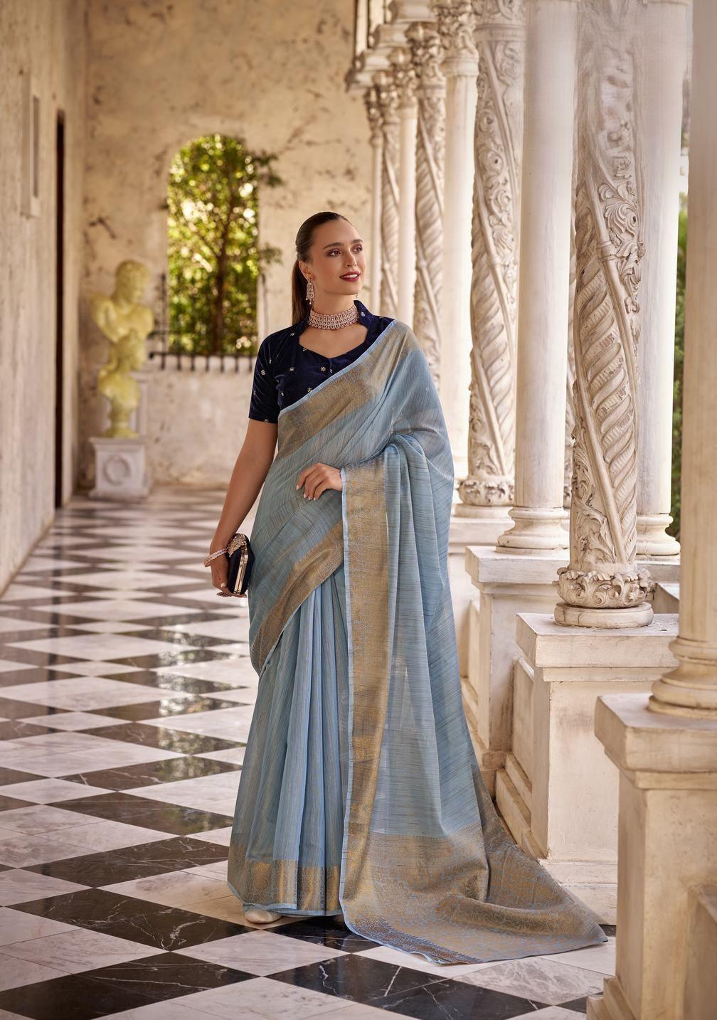 Dark Grey linen saree with golden zari border