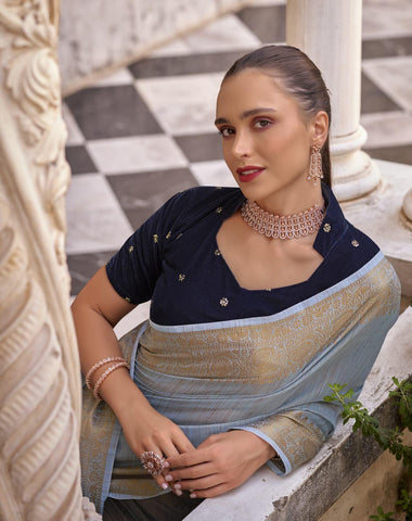 Dark Grey linen saree with golden zari border