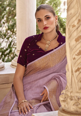 Lilac linen saree with golden Zari Border