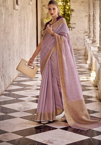 Lilac linen saree with golden Zari Border