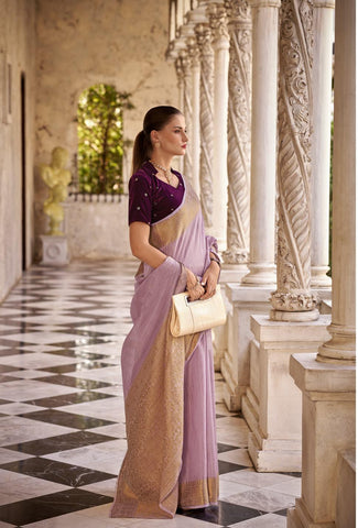 Lilac linen saree with golden Zari Border