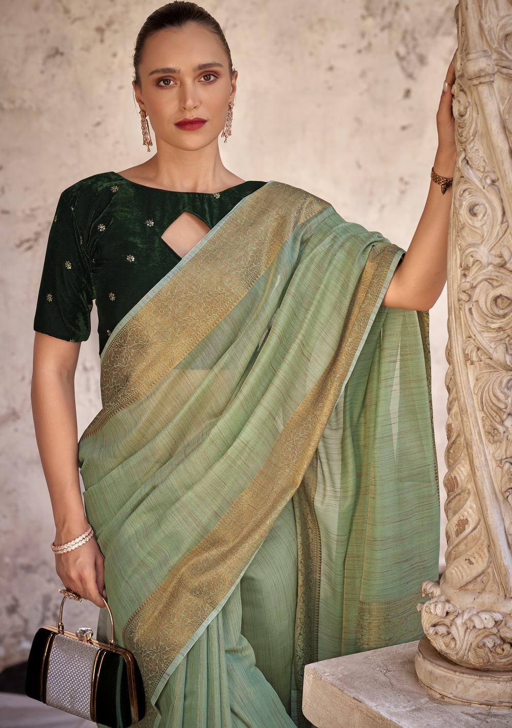 Green linen saree with golden Zari Border