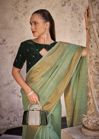 Green linen saree with golden Zari Border