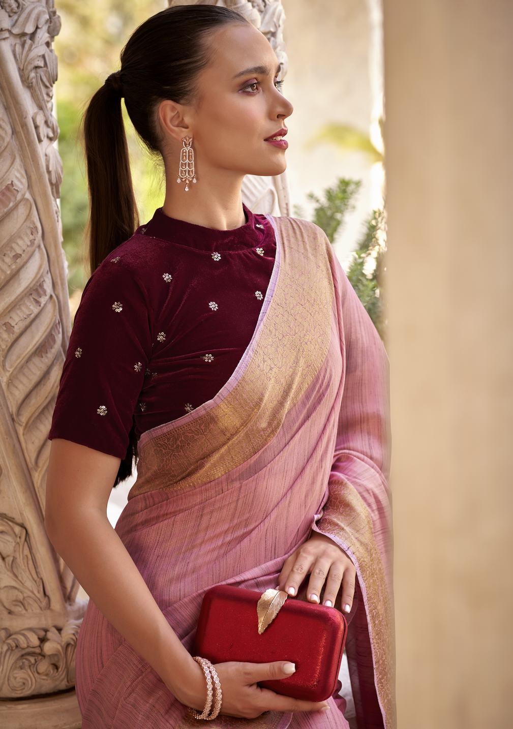 Dark pink linen saree with golden zari border - indosilk