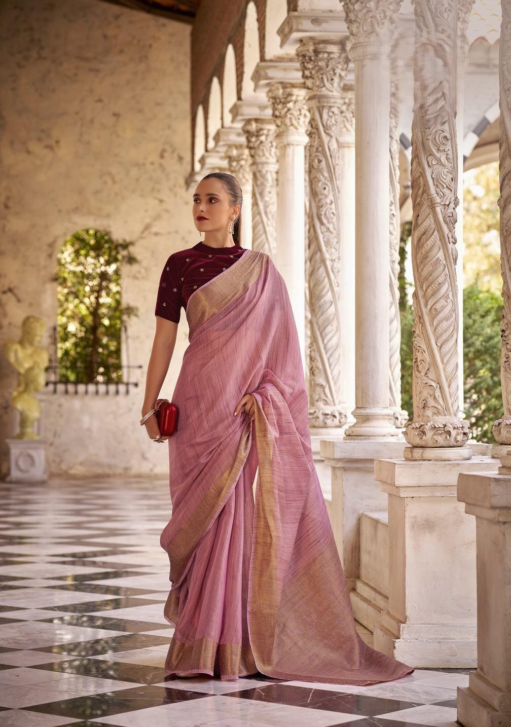 Dark pink linen saree with golden zari border - indosilk