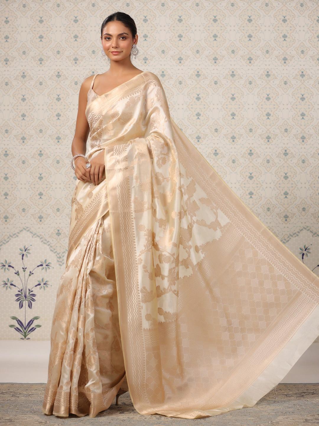 CREAM COLOR BANARASI WEAVING SILK SAREE