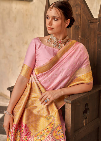 Pink Soft Silk Ethinic Motif Woven Design Zari Banarasi Saree