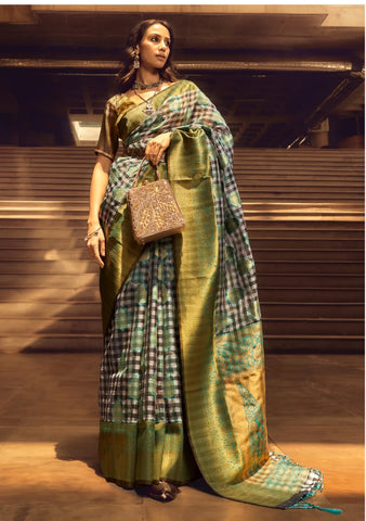 Handloom Weaving Silk Saree with Gold & Green Checks - Perfect for Festive Wear