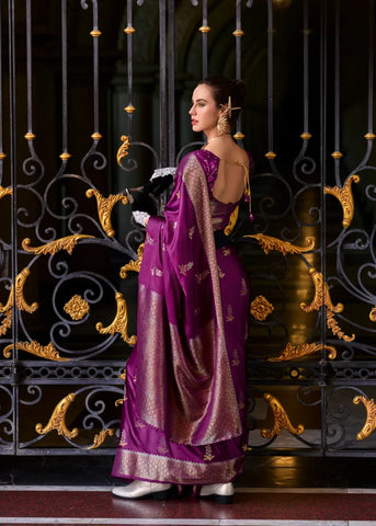 Dark Purple Satin Mungha Silk Saree with Intricate ethinic Motifs - Elegance Redefined