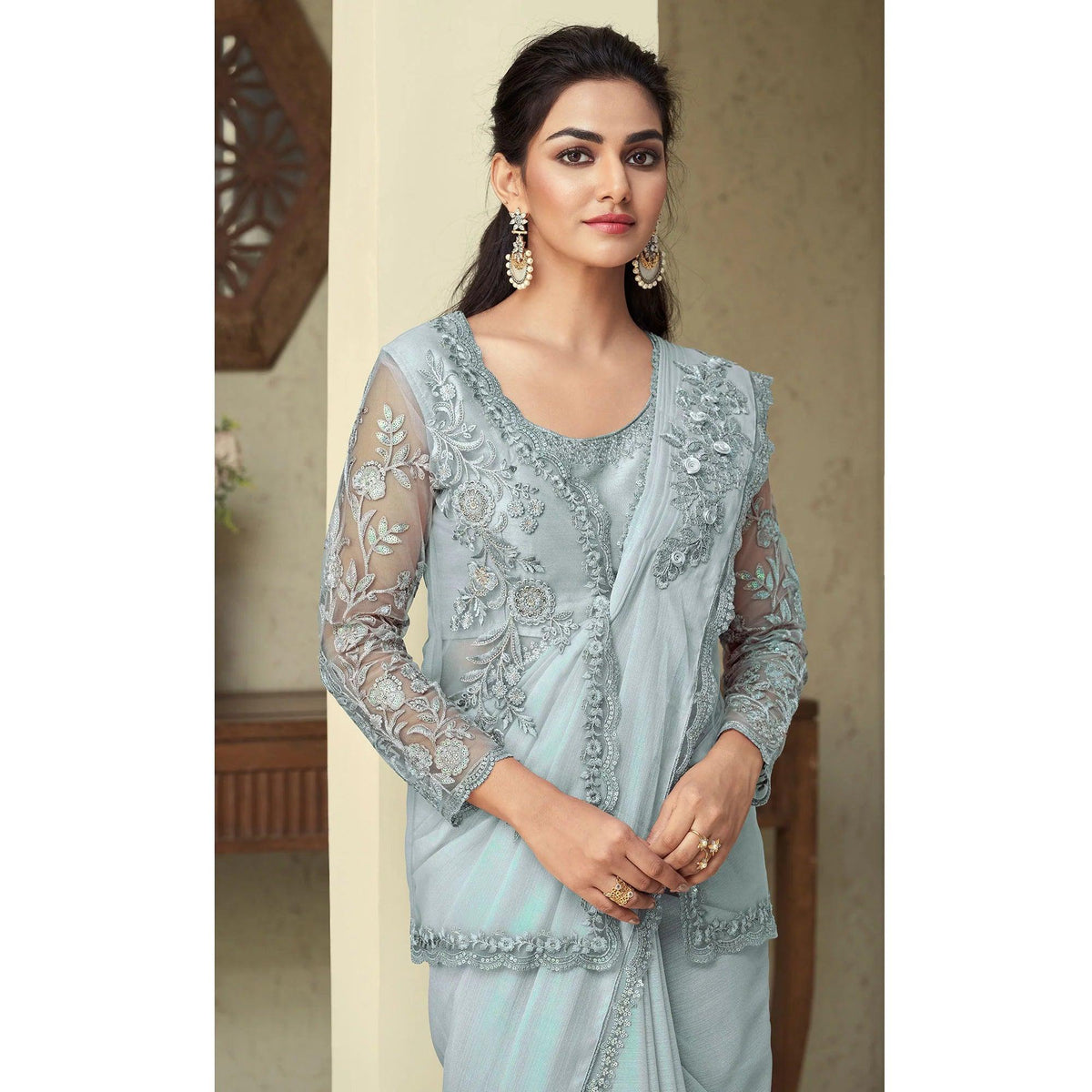 Grey Screen Rainbow Silk Designer Party Wear Saree Collection