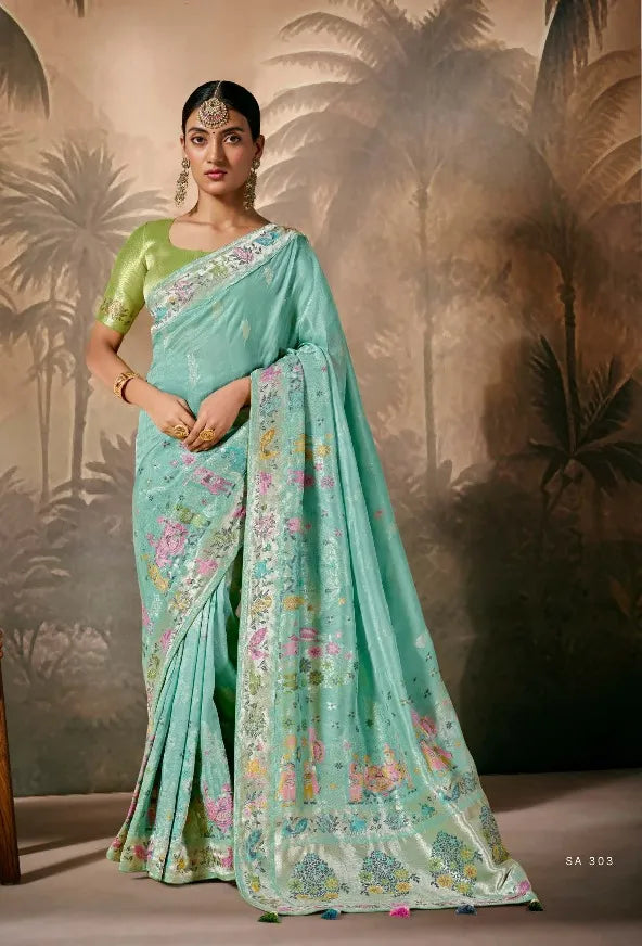 Sea Green Silk Saree with Zari Floral Work for Party, Festival & Ceremonial Wear