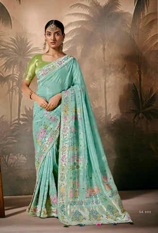 Sea Green Silk Saree with Zari Floral Work for Party, Festival & Ceremonial Wear