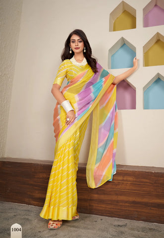 Vibrant Yellow Chiffon Saree with Pastel Stripes – Bold & Beautiful