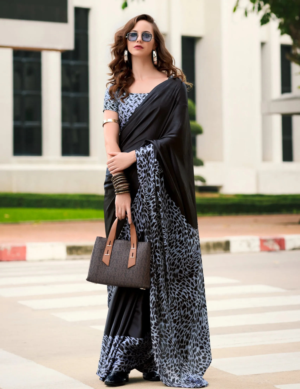 Black color Japan Satin Digital Printed Saree