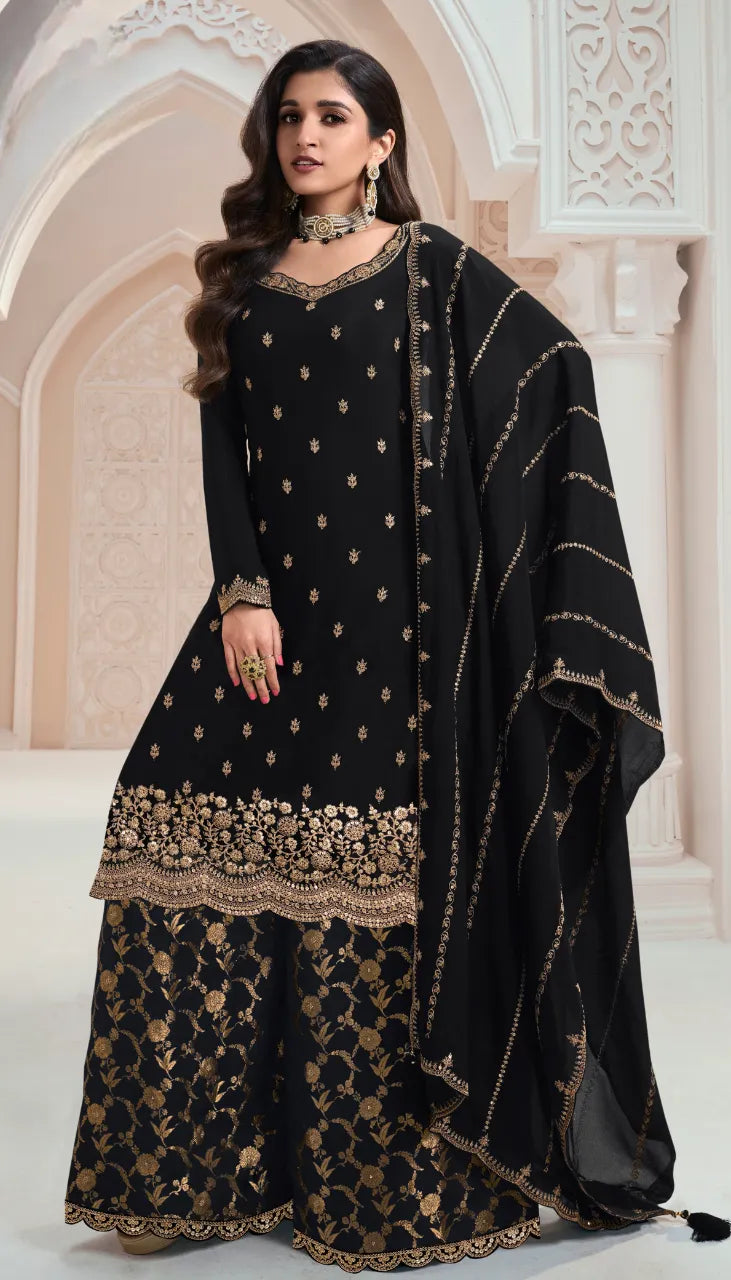 Black Chinon Embroidery Designer Dress - Top, Bottom, and Dupatta Set