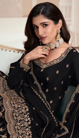 Black Chinon Embroidery Designer Dress - Top, Bottom, and Dupatta Set