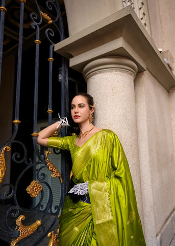 Yellowish Green Satin Mungha Silk Saree with Intricate ethinic Motifs - Elegance Redefined