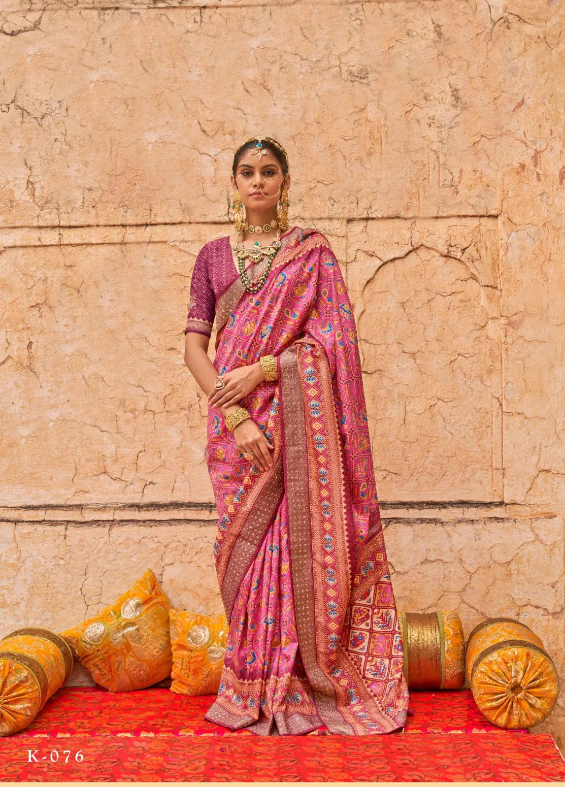 Pink Patola Polyester Silk Geometrical Design Saree