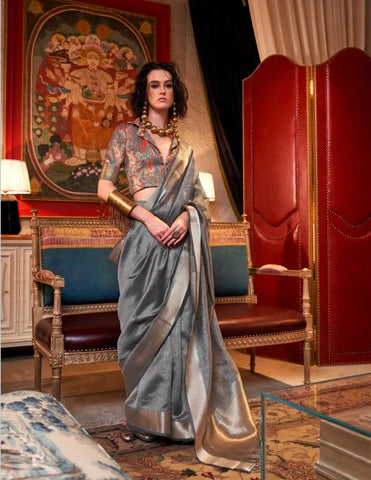 Grey Handwoven Moss Chiffon With Heavy Jacquard Blouse Saree