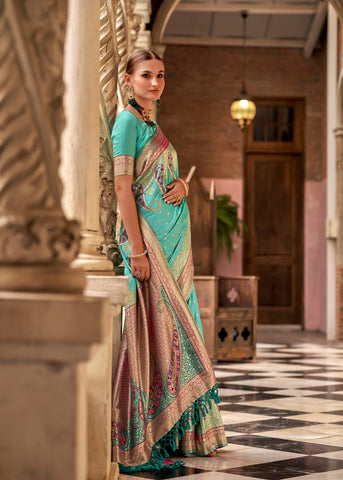 Teal Soft Silk Ethinic Motif Woven Design Zari Banarasi Saree