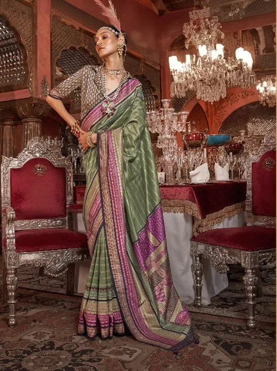 Grace Green Polyester Silk Ethnic Motif Pattern Zari Work Banarasi Saree