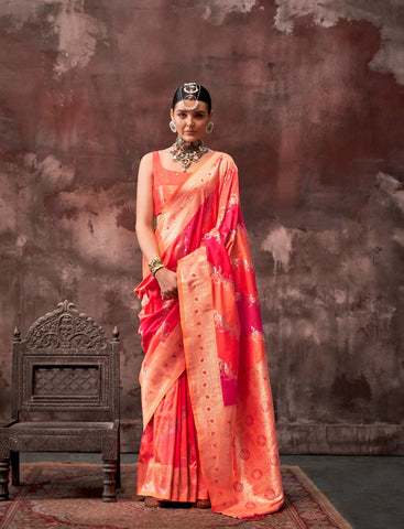 Orange Handloom Weaving Silk Saree – Traditional Design | Perfect for Weddings & Special Occasions