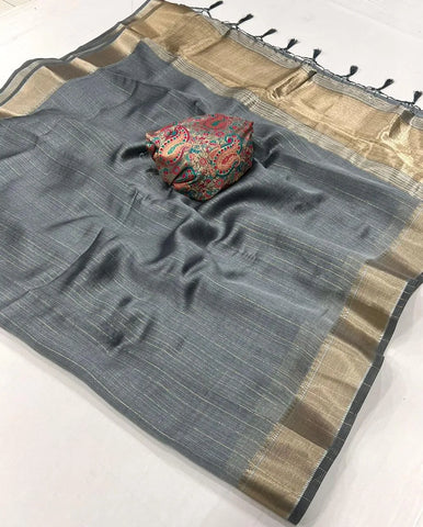 Grey Handwoven Moss Chiffon With Heavy Jacquard Blouse Saree