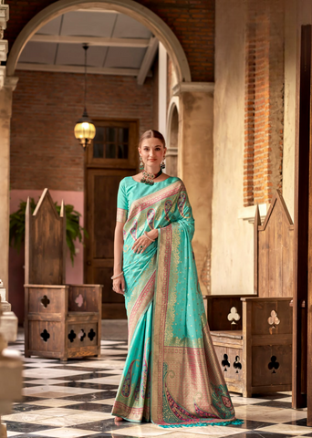 Teal Soft Silk Ethinic Motif Woven Design Zari Banarasi Saree