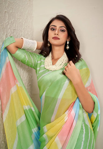 Fresh Green Chiffon Saree with Pastel Stripes – Vibrant & Elegant Look