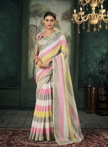 Multi Color Chanderi Linen Saree With Golden Border