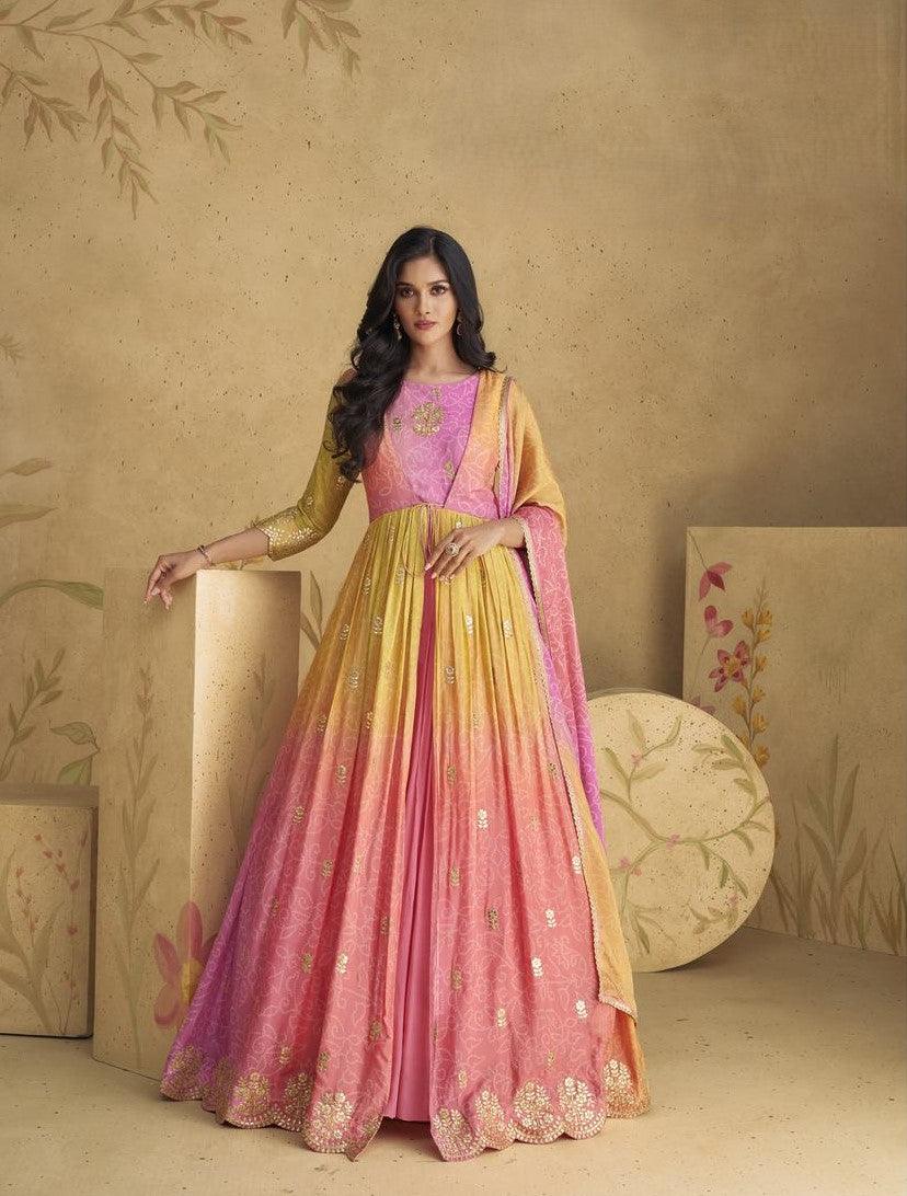 Bright Pink and Yellow Designer Dress - indosilk