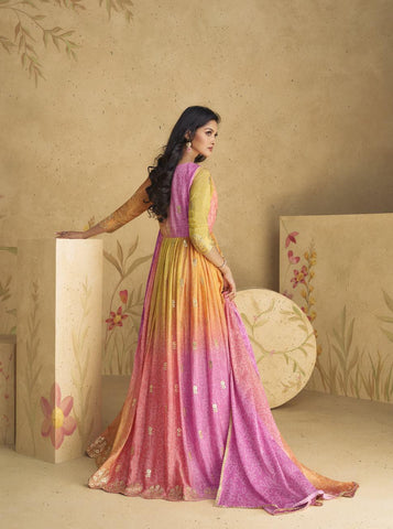 Bright Pink and Yellow Designer Dress - indosilk