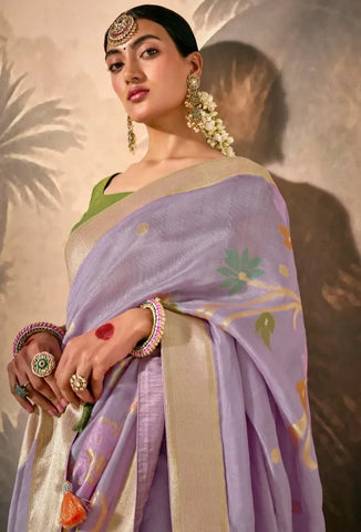 Lavender Silk Saree with Zari Floral Work for Party, Festival & Ceremonial Wear