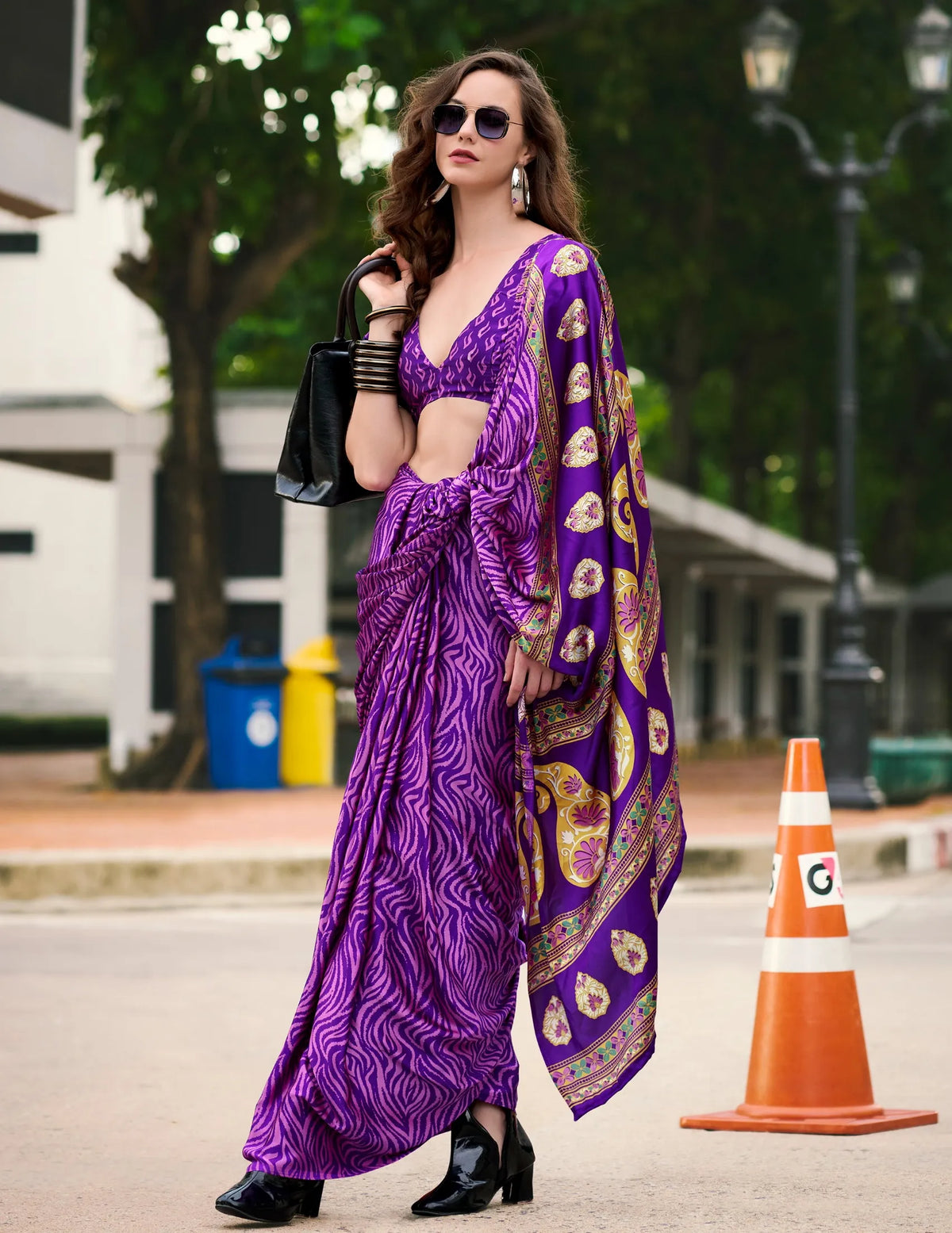 Purple color Japan Satin Digital Printed Saree