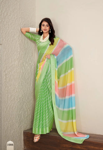 Fresh Green Chiffon Saree with Pastel Stripes – Vibrant & Elegant Look