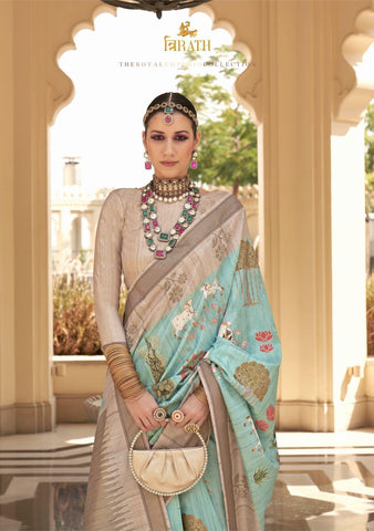 Turquoise color designer raw silk saree