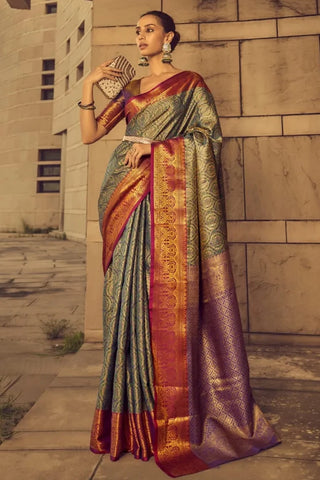 Grey Zari Weaving Viscose Silk Saree For Women