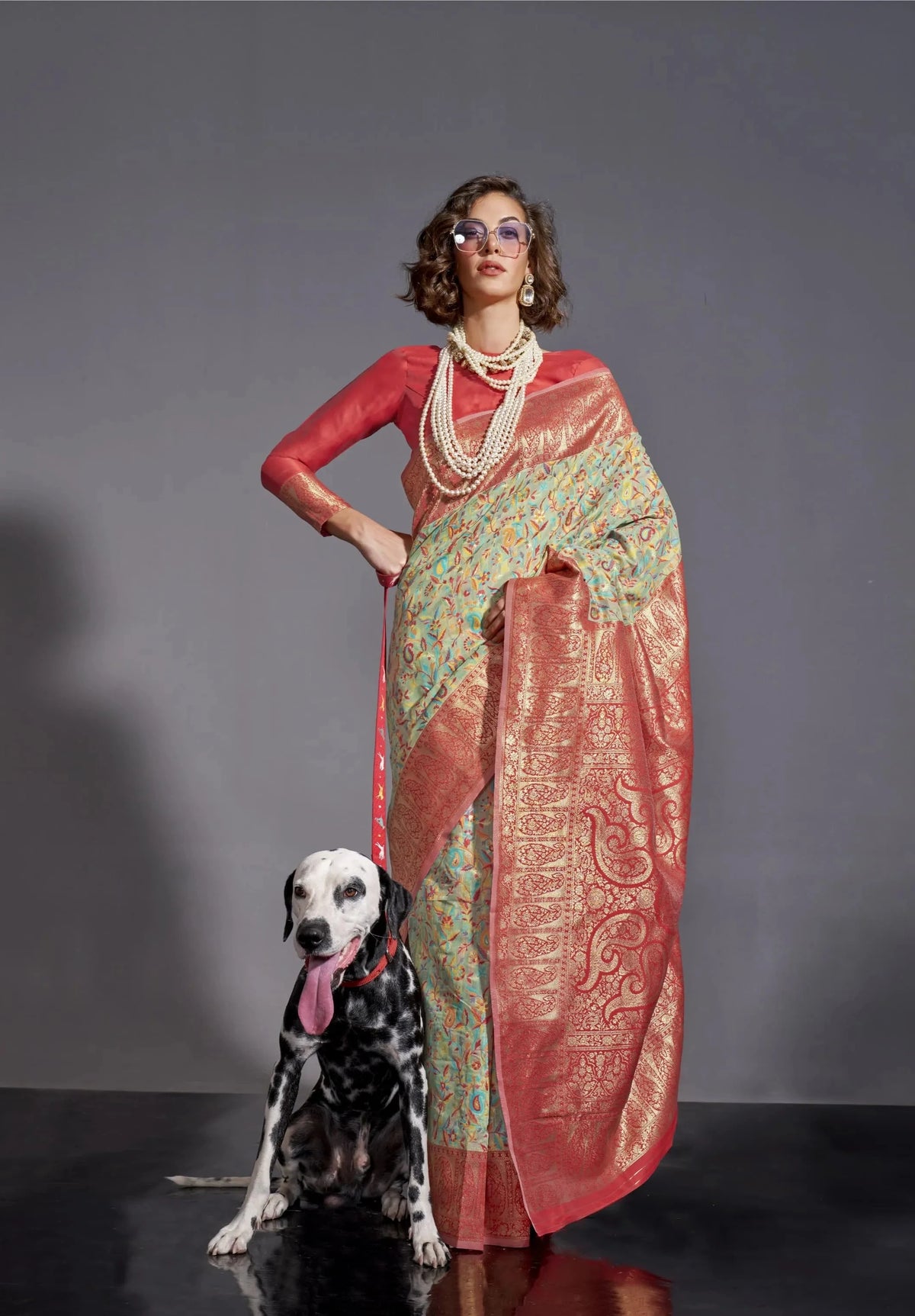 Handwoven Kashmiri Chaap Silk Saree with Contrast Pallu - Elegant Floral Weave in Peach and Mint Green