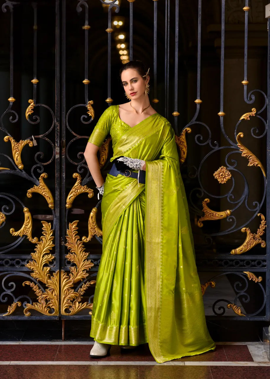 Yellowish Green Satin Mungha Silk Saree with Intricate ethinic Motifs - Elegance Redefined