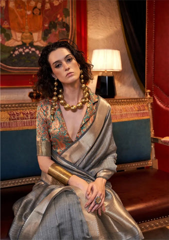 Grey Handwoven Moss Chiffon With Heavy Jacquard Blouse Saree