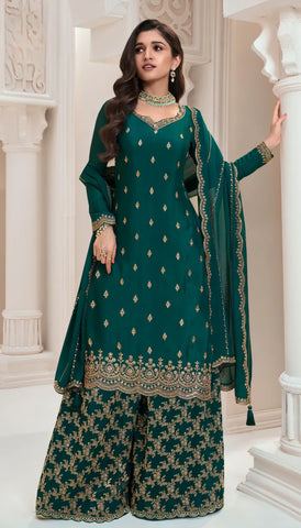 Green Chinon Embroidery Designer Dress - Top, Bottom, and Dupatta Set