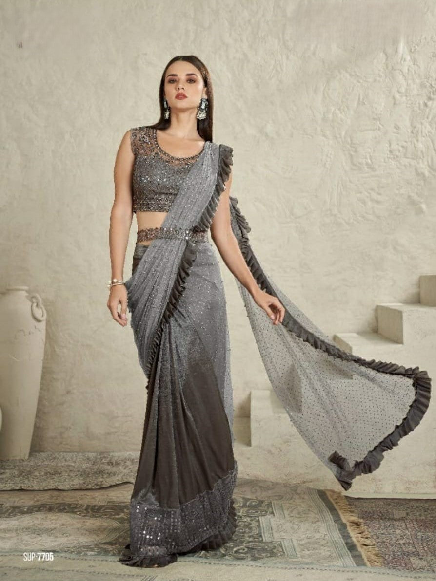 Classic Grey Ruffled Saree with Sequin Embroidery and Designer Blouse – Shop Now