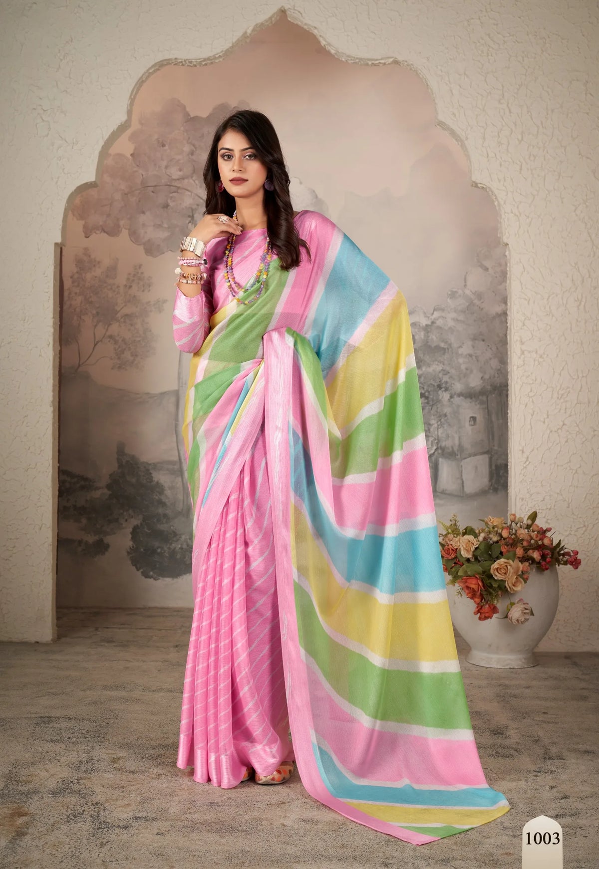 Soft Pink Chiffon Zari Saree with Pastel Stripes – Elegant & Lightweight