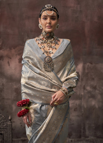 Grey Handloom Weaving Silk Saree – Traditional Design | Perfect for Weddings & Special Occasions