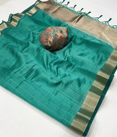 Teal Handwoven Moss Chiffon With Heavy Jacquard Blouse Saree