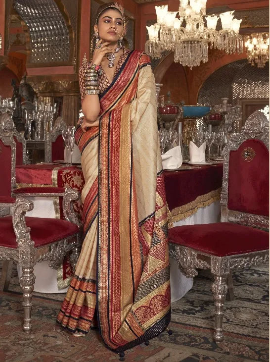 Cream Polyester Silk Ethnic Motif Pattern Zari Work Banarasi Saree