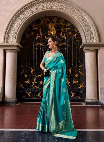 Teal Satin Mungha Silk Saree with Intricate ethinic Motifs - Elegance Redefined