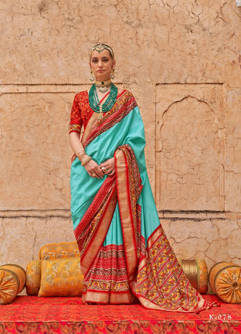 Teal Patola Polyester Silk Geometrical Design Saree