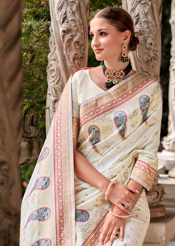 White Soft Silk Ethinic Motif Woven Design Zari Banarasi Saree